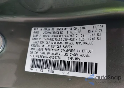 2009 Honda Cr-V Ex-L z USA, uszkodzony, nr VIN JHLRE48749C009784